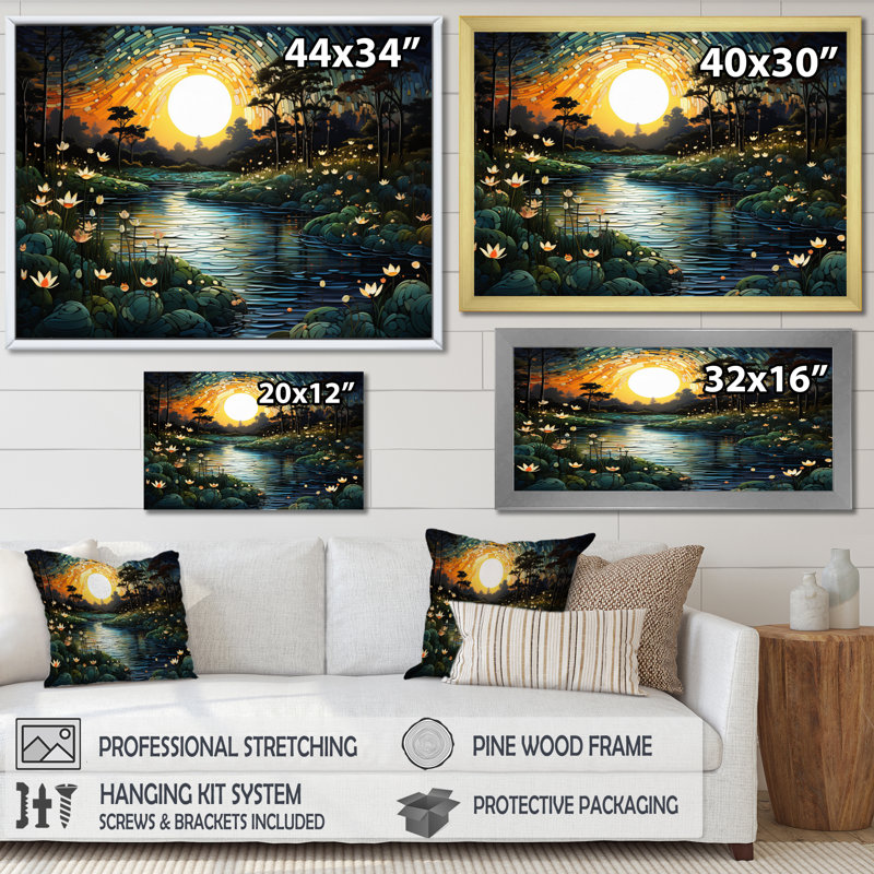 River Pointillism Charm At Night III, reproduction d'art sur toile, Cadre doré à une seule photo, H 16 po x l 32 po x P 1 po