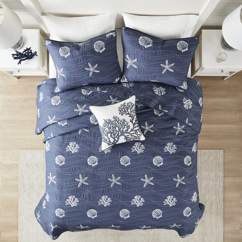 Literie réversible 4 pièces en coton bleu marine avec broderie, rembourrage matelassé double / grand, facile à nettoyer