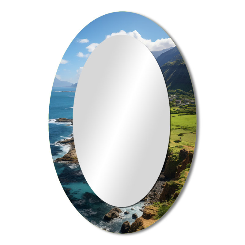 Hawaii Landscape II - Grand miroir mural ovale sur métal, 36 po x 24 po