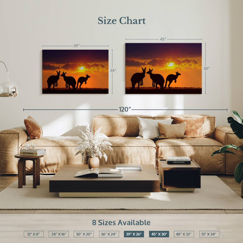 Safari kangourous au coucher du soleil, H 26 po x l 39 po