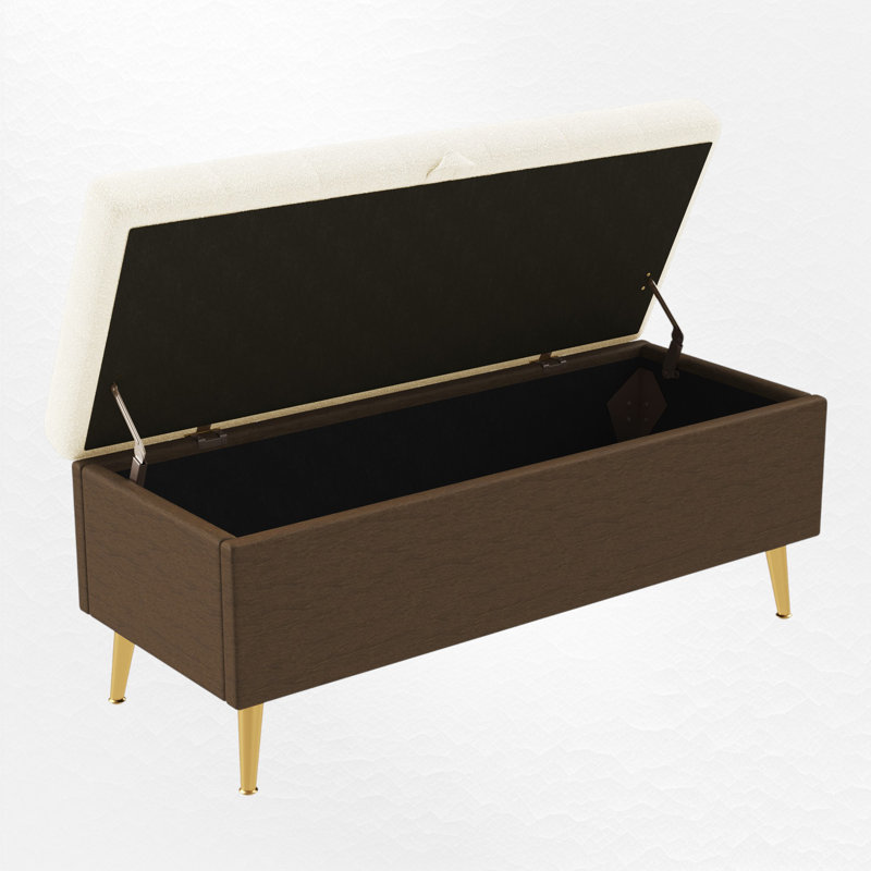 Upholstered Storage Bench With Gold Metal Legs, Beige