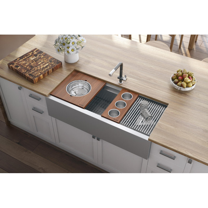 Roma Ledge 45" L x 19" W Undermount Kitchen Sink with Basket Strainer, 2, Brushed Stainless Steel