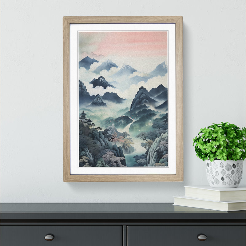 Japanese Mountains Contemporary - Framed Print, Oak , 64cm H x 46cm W x 2cm D