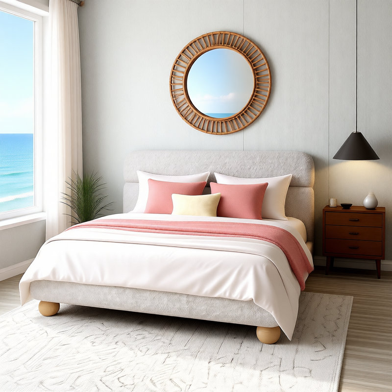 Contemporary Low Profile Upholstered Platform Bed, Queen Size, Teddy Fleece Fabric with Curved Headboard & Solid Wood Legs, No Box Spring Needed, White