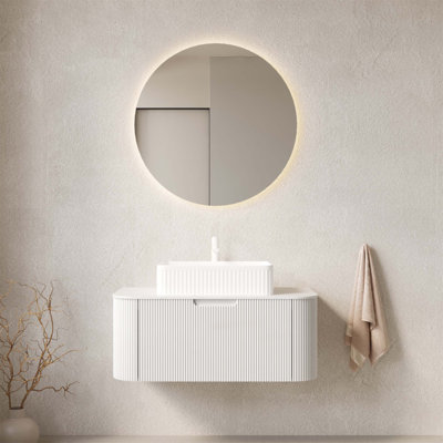 Meuble-lavabo flottant de 36 pouces avec bords arrondis, rangement en contreplaqué rayé, lavabo en céramique et plateau en pierre frittée, pré-assemblé