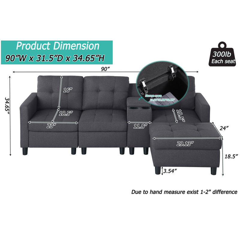5 Piece Upholstered Sofa With Ottoman And Storage&cup Holder& Usb Ports Stand Console, Dark Gray