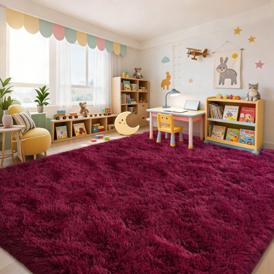 Tapis à poils longs pour le salon, tapis moelleux de 9 pi x 12 pi pour la chambre à coucher, la chambre de bébé, la décoration de chambre d'enfant, rouge bourgogne