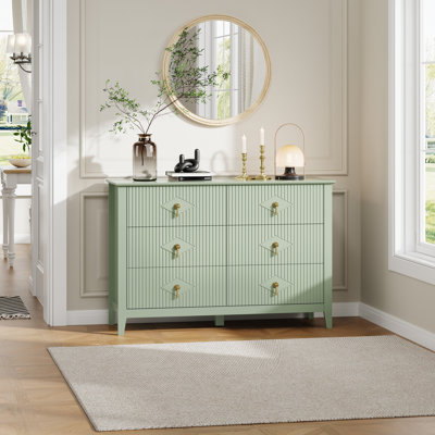 Commode à 6 tiroirs Modern - Canapé de rangement en bois de 48 po de largeur - Poignées en métal - Commode polyvalente pour chambre à coucher, salon, couloir, meuble télé - Vert fruitier
