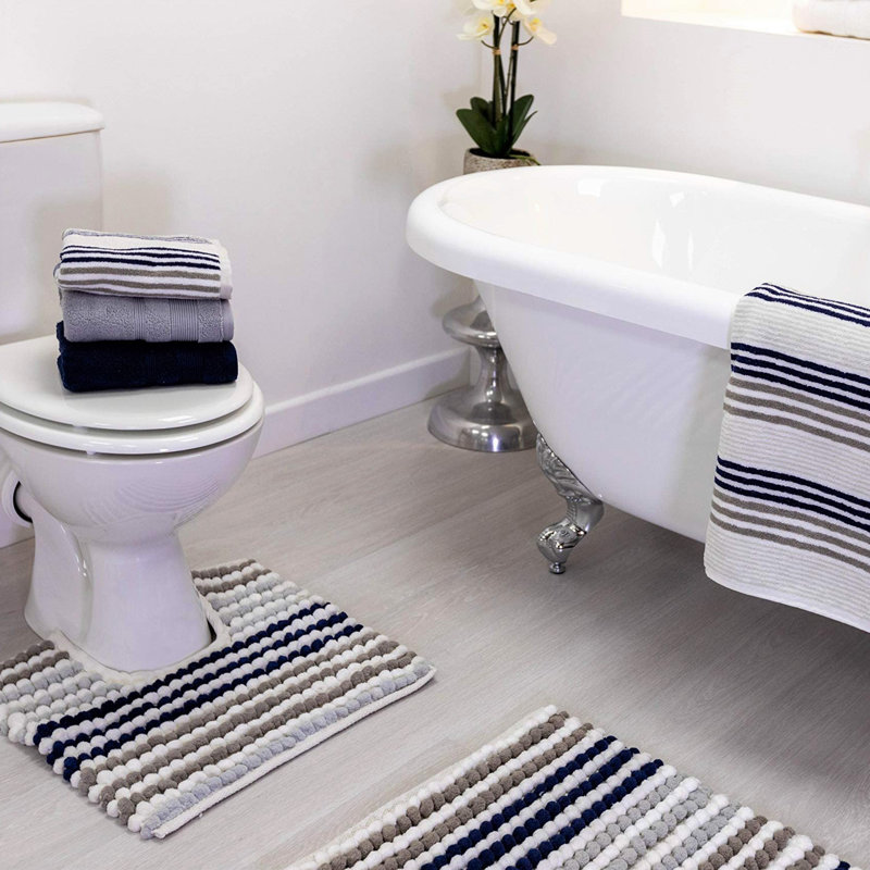 Two Piece Striped Bobble Bath Mat and Pedestal Mat Set, Blue/Grey