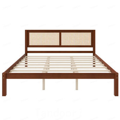 King Size Solid Wood Platform Bed Frame with Rattan Headboard, Farmhouse Cane Panel Bed, Under Bed Storage Clearance, No Box Spring Needed, Sturdy Support Legs