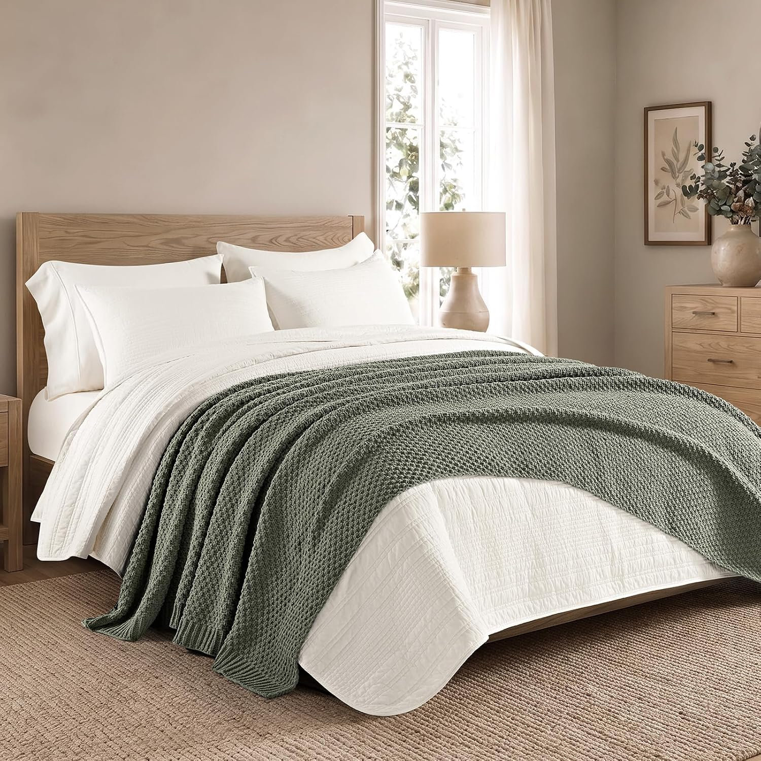 Chunky Chenille Knit Throw Blanket, 108" L x 92" W, Dried Thyme