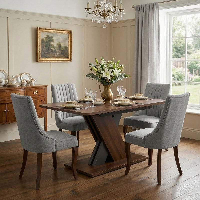 Ensemble de salle à manger rectangulaire à piédestal avec tissu en rayonne, Brun, 5, Gris