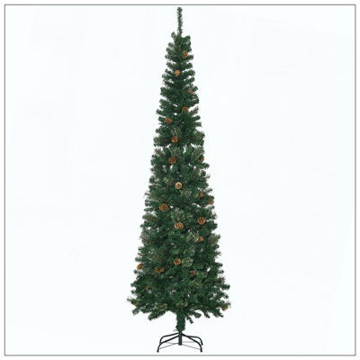 Pencil Artificial Christmas Tree, Slim Pine Needles Christmas Tree With Realistic Branches, Pine Cones, Metal Base