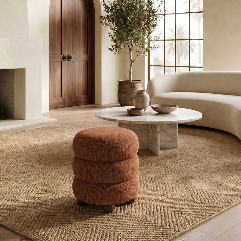 Dalisha 17" Round Ottoman, Walnut, Rust Chenille