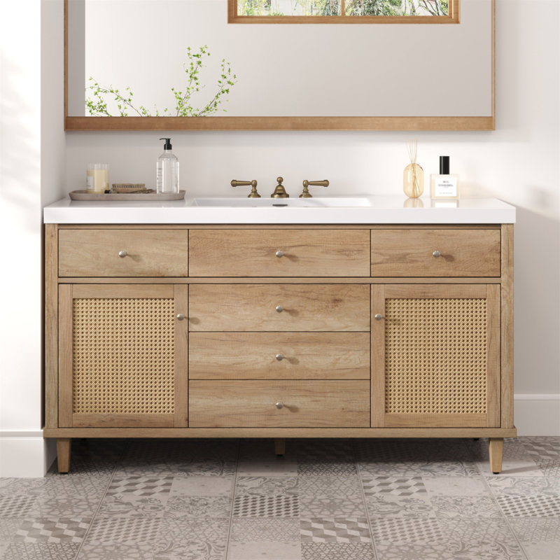 Meuble-lavabo de 60 po avec lavabo SMC, grande armoire de rangement moderne avec tiroirs à fermeture en douceur et portes en rotin, poignées en métal argenté et 5 pieds en pin