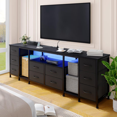 Meuble télé 71 po avec 10 tiroirs en tissu et prises de courant pour téléviseurs de 75 po ou moins, centre de divertissement avec tablettes et lumières DEL