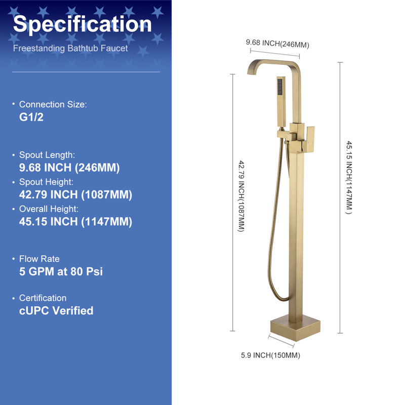 1 Handle Floor Clawfoot Tub Faucet with Diverter, Gold