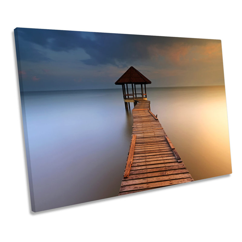 Moody Seascape Jetty Pier Beach - Wrapped Canvas Print, 81.3cm H x 121.9cm W x 4cm D