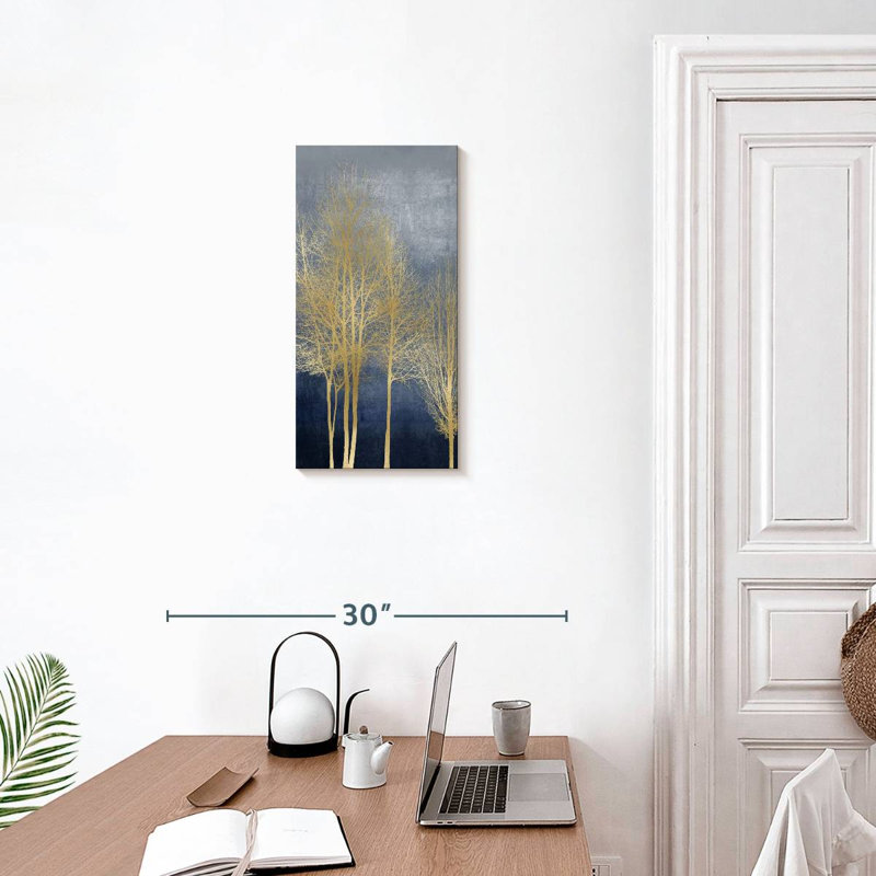 Arbres dorés sur panneau bleu I, H 24 po x l 12 po
