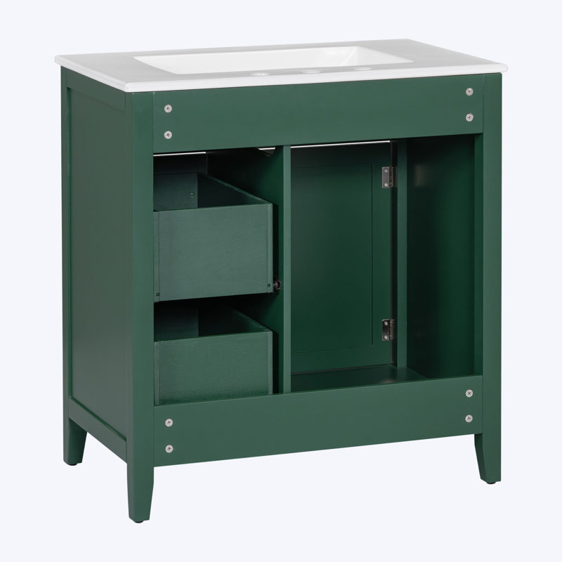 Armoire de salle de bain 30 po avec lavabo en céramique et structure en bois massif, ensemble de meuble-lavabo simple avec armoire de rangement et 2 tiroirs