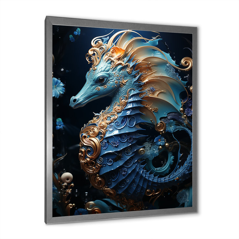 Sapphire Seahorse Delicate Drips II - animaux, impressions sur toile, L 34 po x H 44 po, Cadre photo argenté