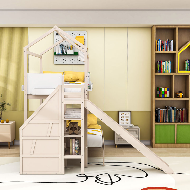 Lit superposé en bois avec glissière et escalier de rangement, Beige / Blanc