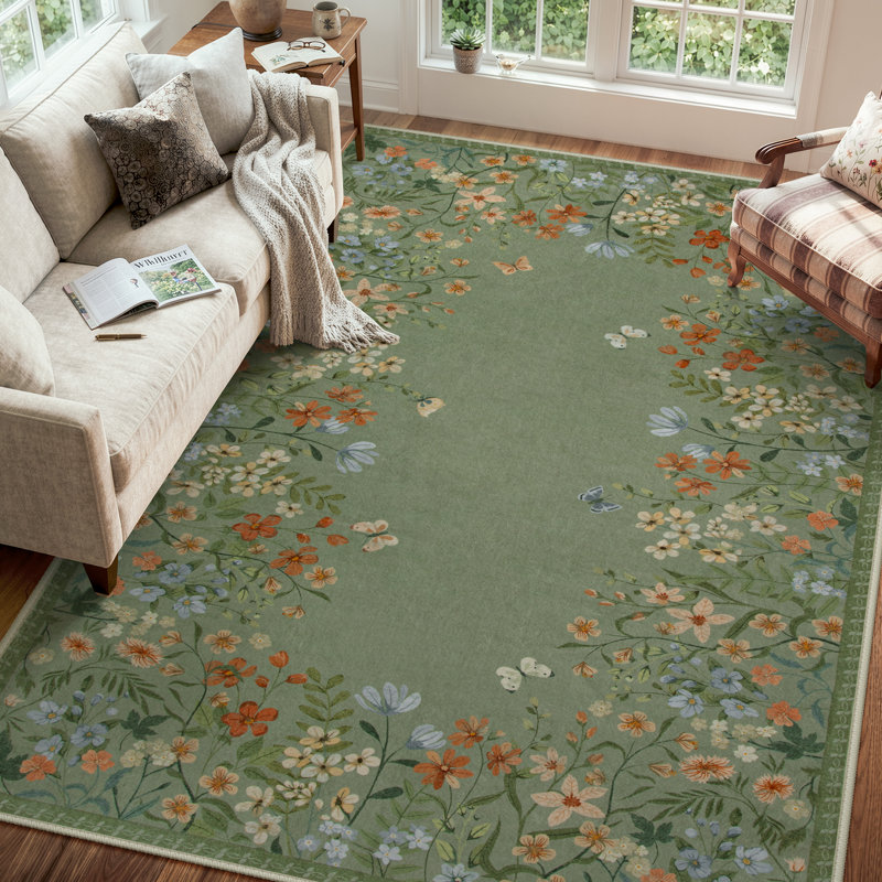 Tapis lavable floral vert / gris 6 x 9 avec envers antidérapant - tapis durable à poils courts pour le salon, la chambre à coucher, la salle à manger ou le bureau
