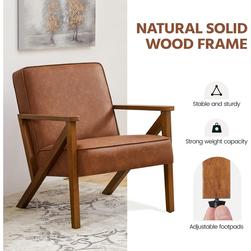 Accent Chair Faux Leather Armchair Lounge Chair with Wood Frame, Modern Retro Lounge Chair for Living Room/Office/Reception Area, Light Brown