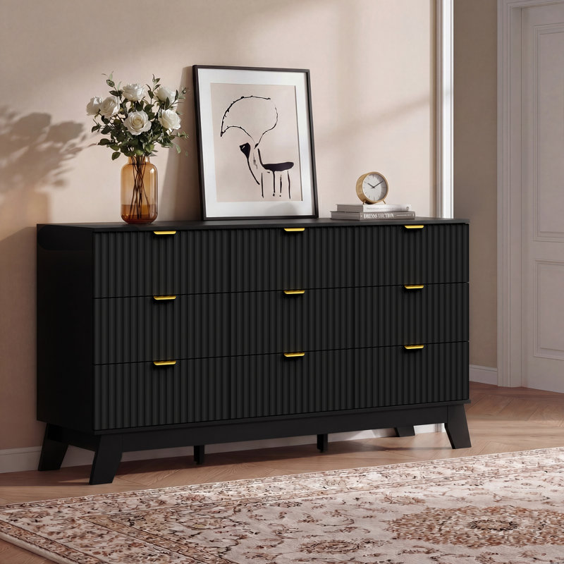 Fluted 9-Drawer Dresser 57''W Wood Wide Chest Of Drawers With Metal Handle,Adjustable Feet, Black