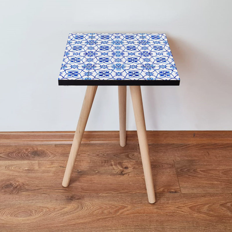 Stylish Side Table, White & Navy Blue, 13.8 x 16.5 x 13.8 inches | 100% MDF with 0.7-inch Thickness, Beech Wood Legs | Oriental Geometric Design, Perfect for Living Room & Bedroom, Durable & Elegant