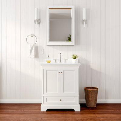 Meuble-lavabo simple 30 po Deborah, comptoir en marbre de culture blanc, lavabo carré encastré (3 trous), garniture chrome poli, armoire à pharmacie
