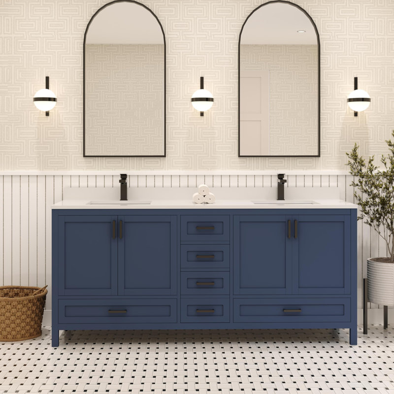 Meuble-lavabo double 72 po Maya avec comptoir en quartz blanc, Bleu, Noir mat