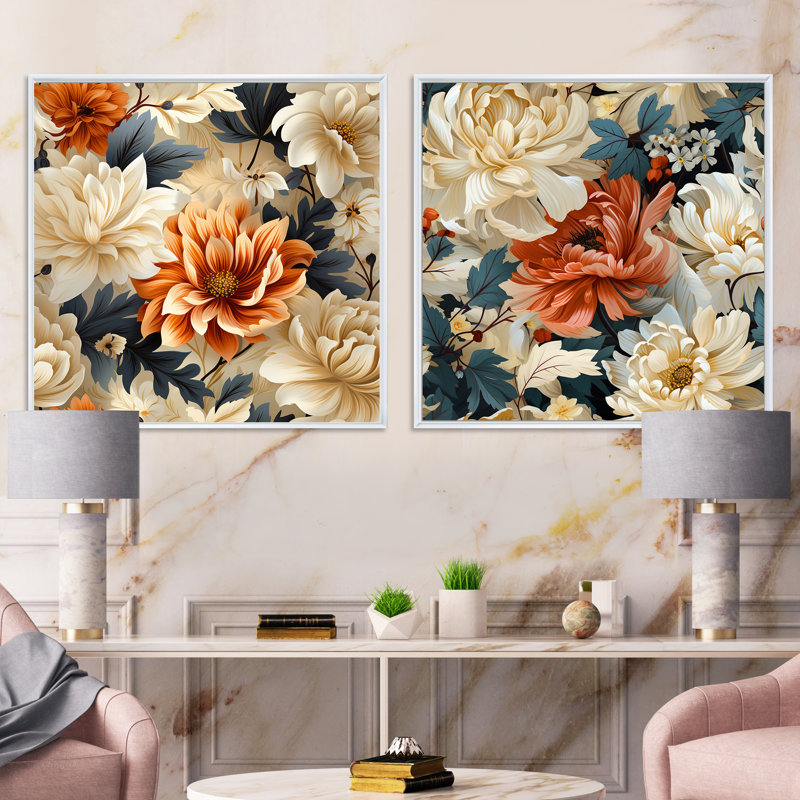 Ladue - Ensemble de 2 collages carrés floraux, Cadre flottant blanc, H 30 po x l 61 po