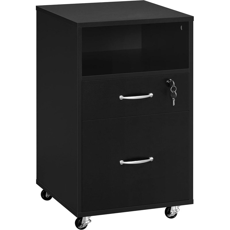 Vertical File Cabinet With 2 Drawers And Open Shelf, Lockable Wheels, Printer Stand For A4 Letter Size Files, Ideal For Home Office Use