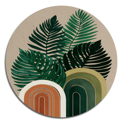 Green Brown Minimalism Palms Composition - Abstract Midcentury Round Metal Wall Art