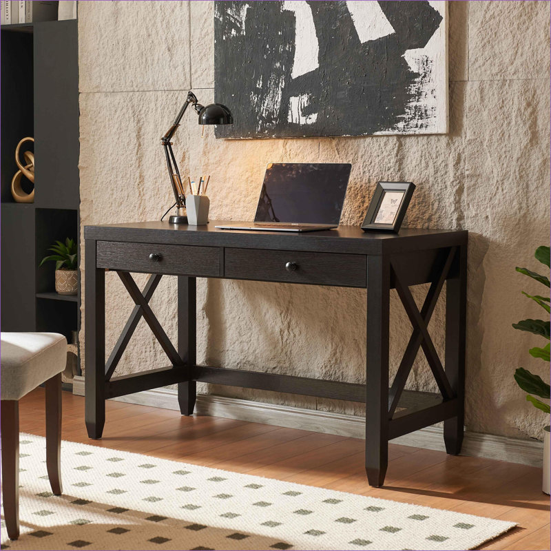 Bureaux, bureau d'écriture moderne avec deux tiroirs, dossier fini et amp; Pieds en X | Espresso | Panneau de particules et panneau de fibres à densité moyenne