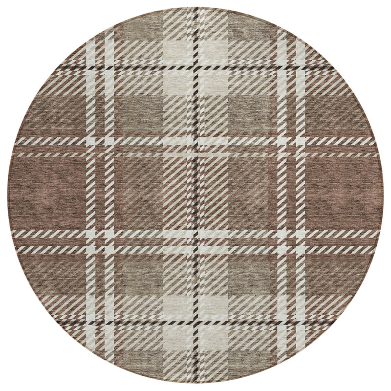 Tapis d'intérieur rond lavable à carreaux brun 8 pi