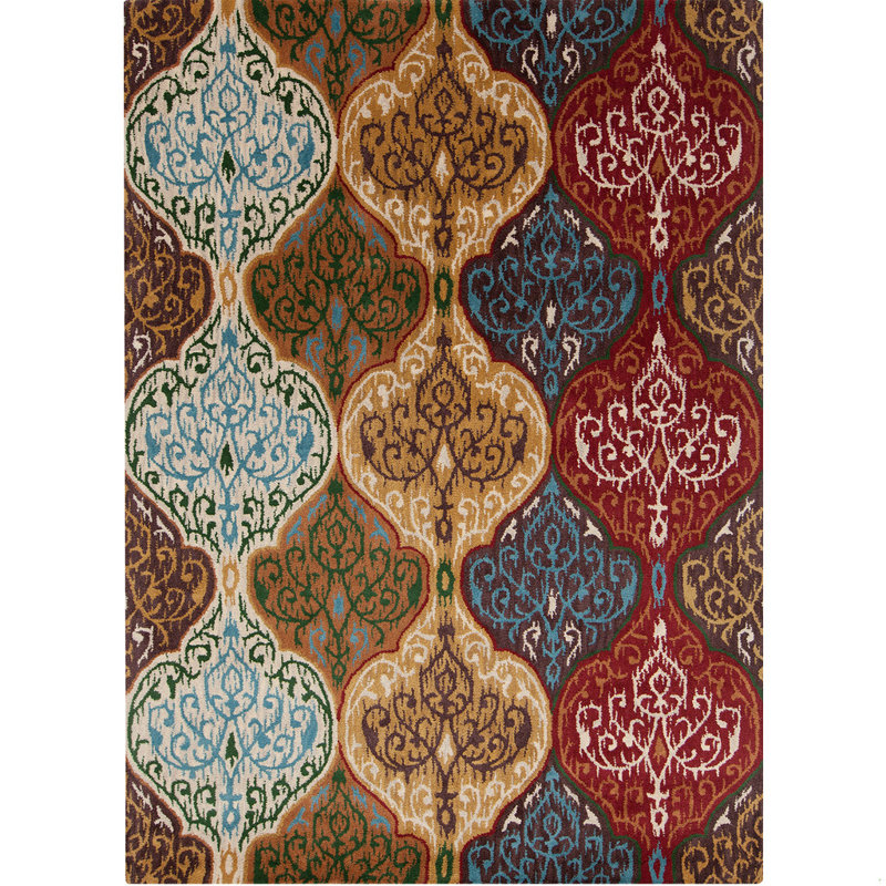 Tapis d'intérieur en laine Plyler fait main, patchwork oriental rouge, bleu, brun et or, tufté à la main, 5 pi x 7 pi