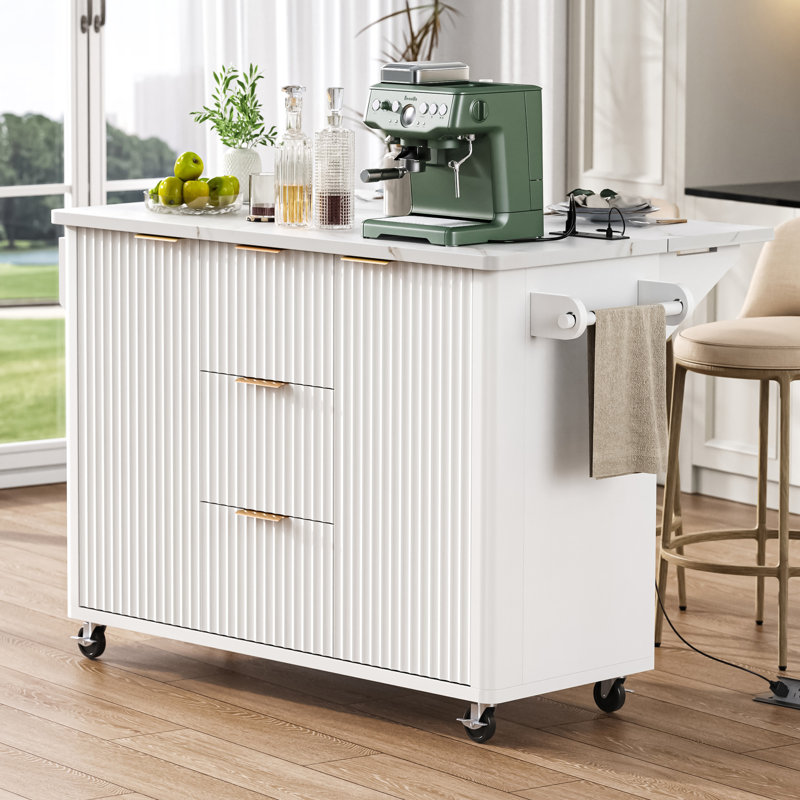 55.5" Fluted Kitchen Island With Drop Leaf, Power Outlet, Rolling Kitchen Cart With Faux Marble Top, Adjustable Shelves