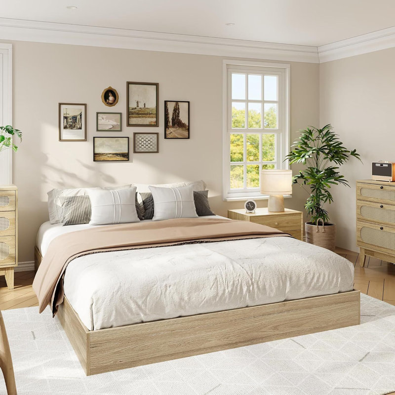 Floor Standing Bed Frame with Wooden Slat, Support, No Box Spring Needed, Noise Free & Easy Assemble, Modern Minimalist Bedroom Furniture for Apartments