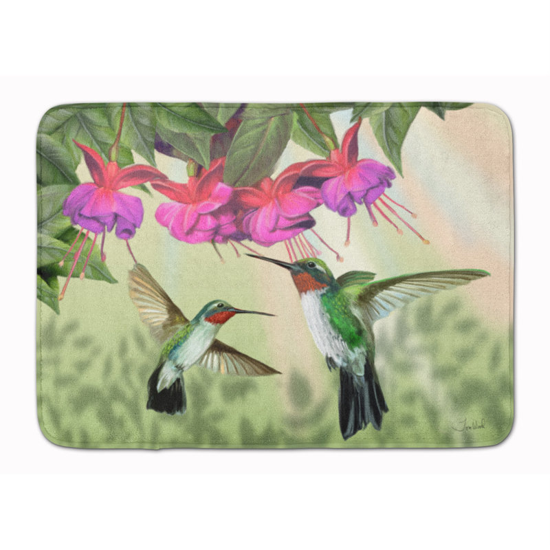 Tapis antidérapant floral en microfibre fuchsia et colibri