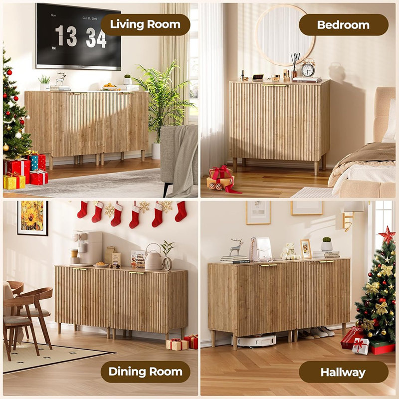 Buffet avec portes cannelées et tablettes réglables, noyer