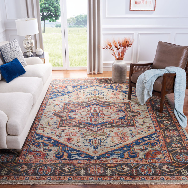 Tapis oriental en laine / coton oriental noué à la main bleu marine / gris / orange, Rectangle 6 pi x 9 pi