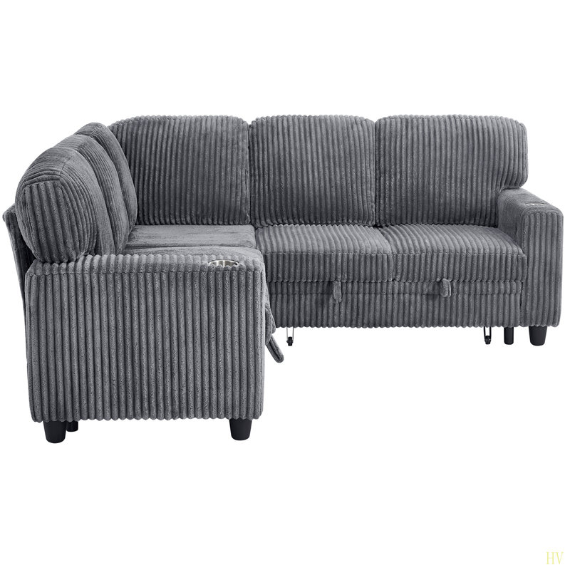 Canapé-lit modulaire en L avec lit escamotable et rangement, canapé-lit 5 places avec chargement USB, conception convertible pour salon, appartement, tissu en velours côtelé