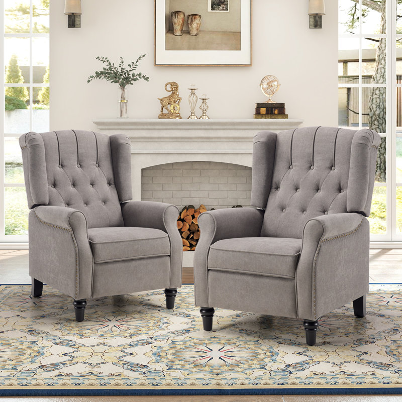 29.5" Wide Classic Push Back Recliner with Thufted Back and Rivets (Set of 2), Gray