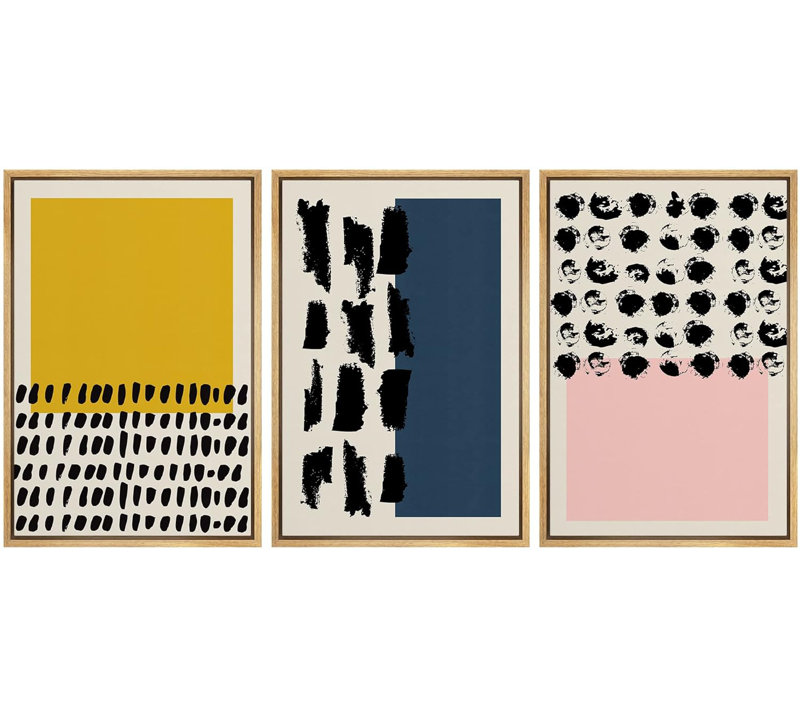 Abstract Vibrant Color Blocks " Yellow, Blue And Pink Multicolor Blocks With Dark Ink Shapes Geometric Patterns Modern Art Nordic " 3 - Pieces
