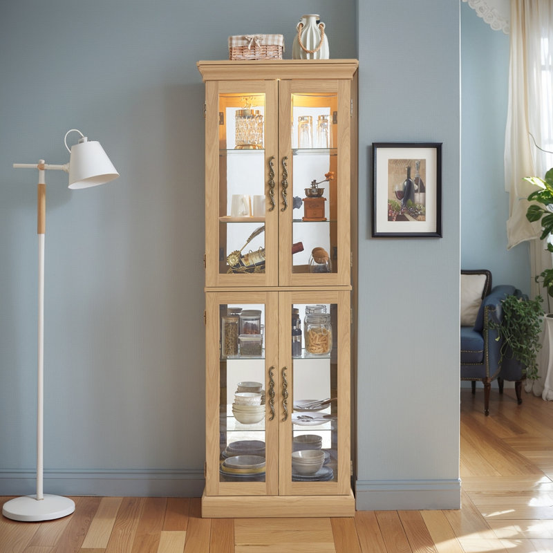 Lighted Curio China Cabinet with Adjustable Shelves, Brown/Cream