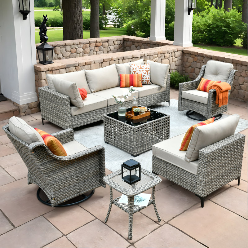 High Quality Pe Rattan Outdoor Sofa With Coffee Table And Rocking Chair 8-Piece Set, Beige