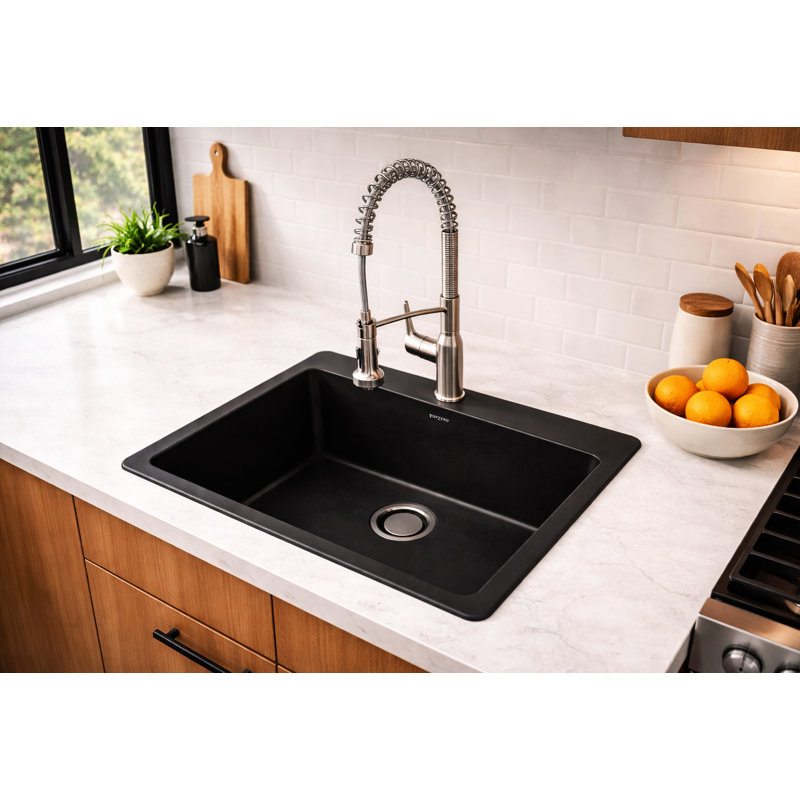 25" Single Bowl Topmount Crystagranite Sink Black