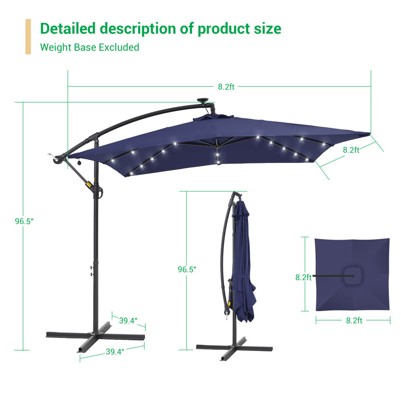 8.2' Square LED Cantilever Offset Patio Umbrella with Base, All-Weather Outdoor Umbrella for Deck Backyard Garden, Navy